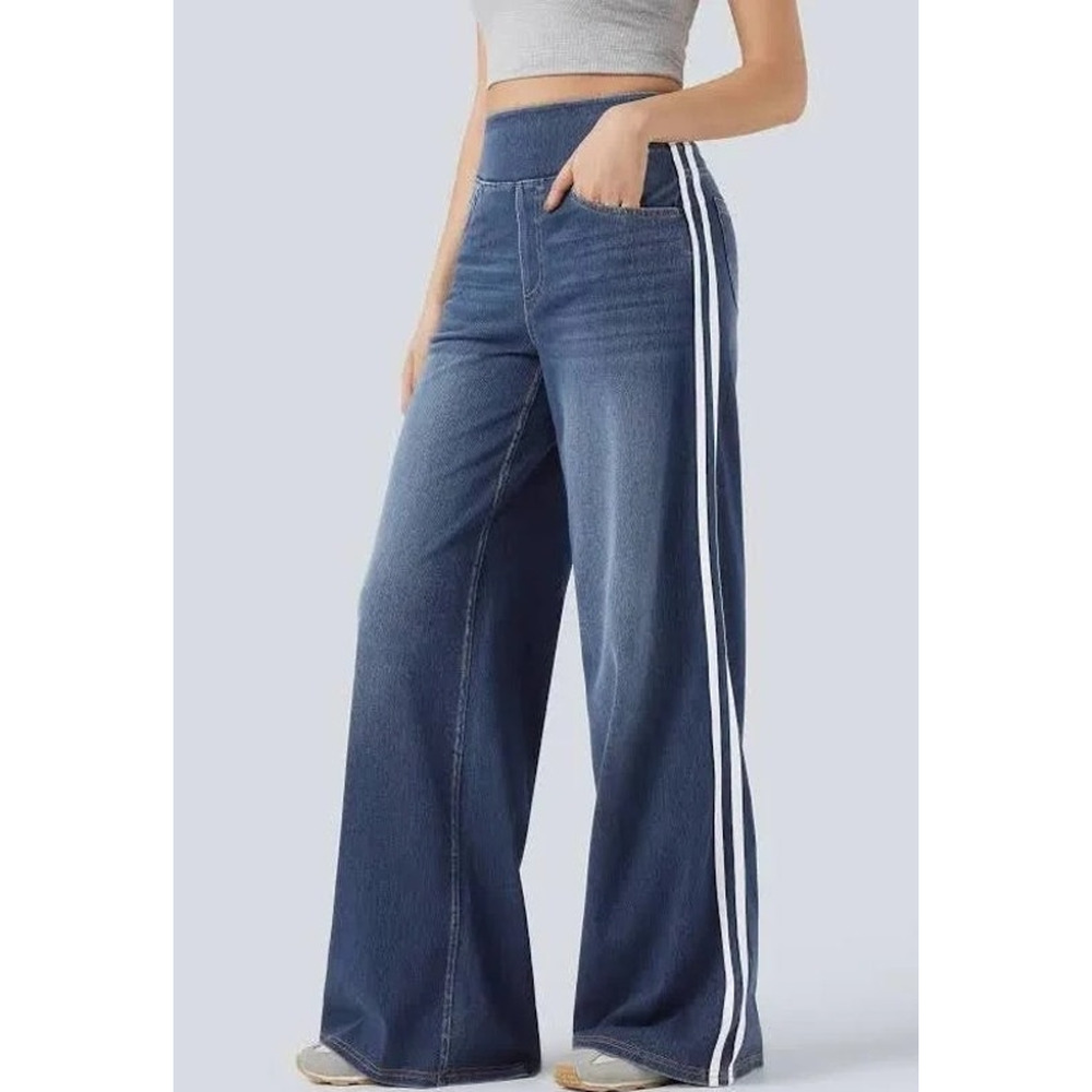 Halara Flex High Waisted Stripe Wide Leg Jeans Blue Denim M Regular